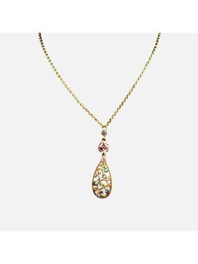 NR Necklace Pink Rose Filigree AB Crystals Teardrop Gold Tone 18-20 inches